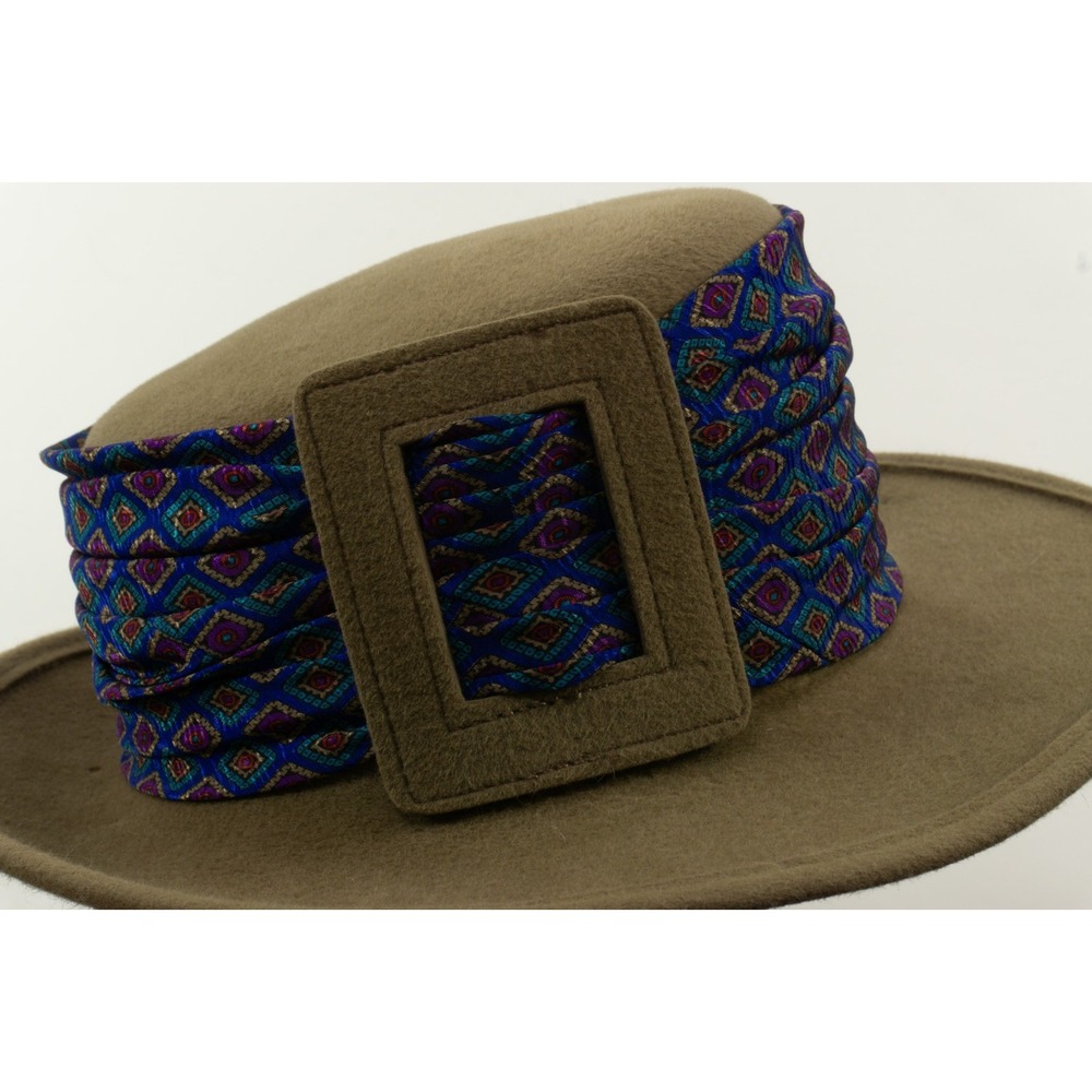 Vintage Anita Pineault Canada Beige Wool Felt Fedora Hat Geometric Silk Band M